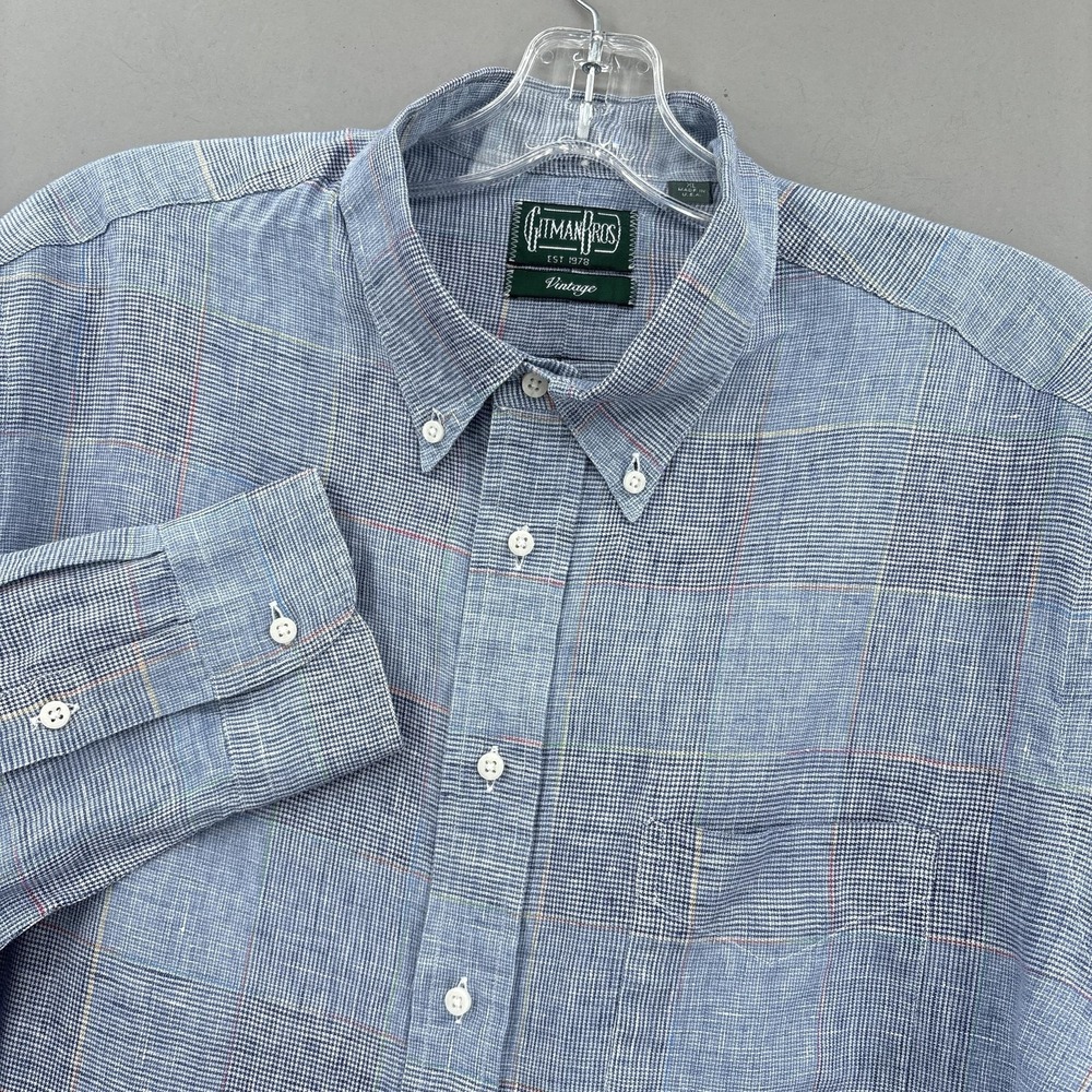 Gitman Bros Shirt Men XL Blue Plaid Linen Cotton Button Down Long Sleeve Vintage